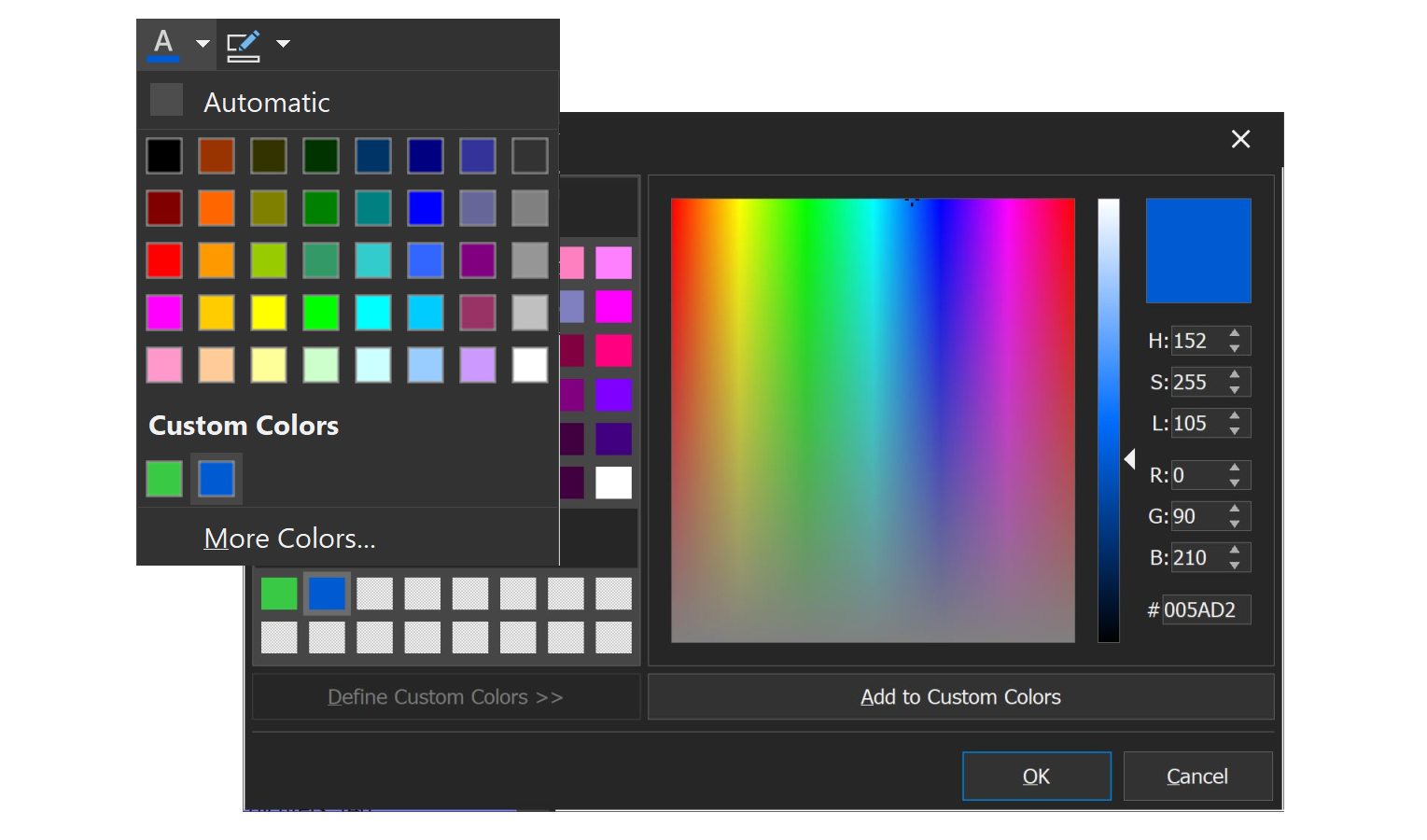 MyInfo color palette and Color Editor with custom colors in dark mode