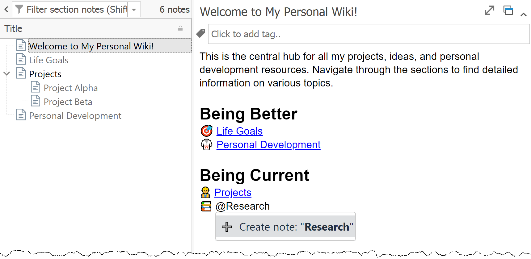 MyInfo personal wiki screenshot showing how to create new wiki pages