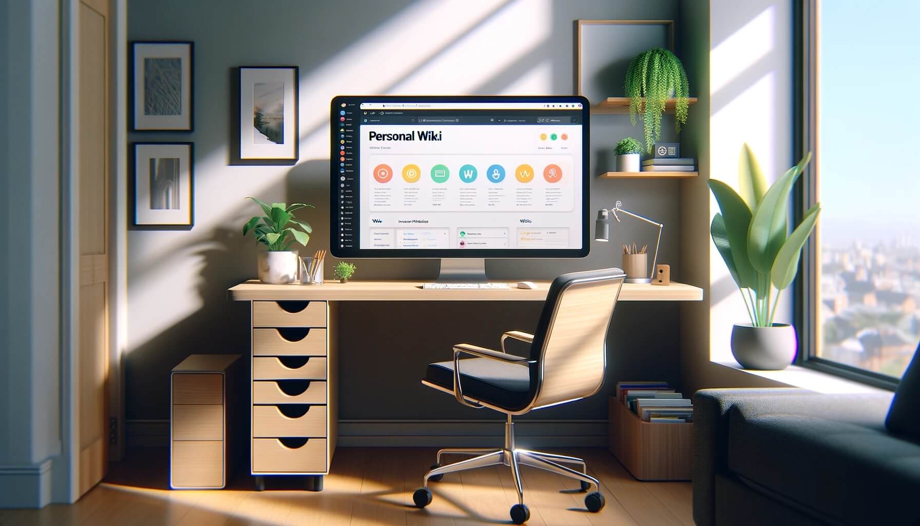 Personal wiki software on a computer screen in a home-office setting