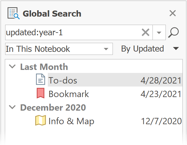 Search pane with a list of recently updated notes