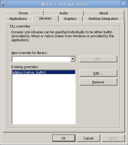 Wine libraries dialog on Linux